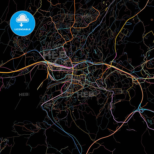 Uddevalla, Sweden, colorful city map on black background