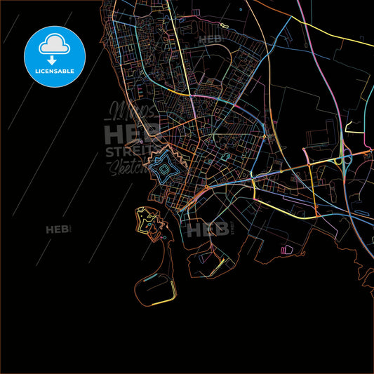 Landskrona, Sweden, colorful city map on black background