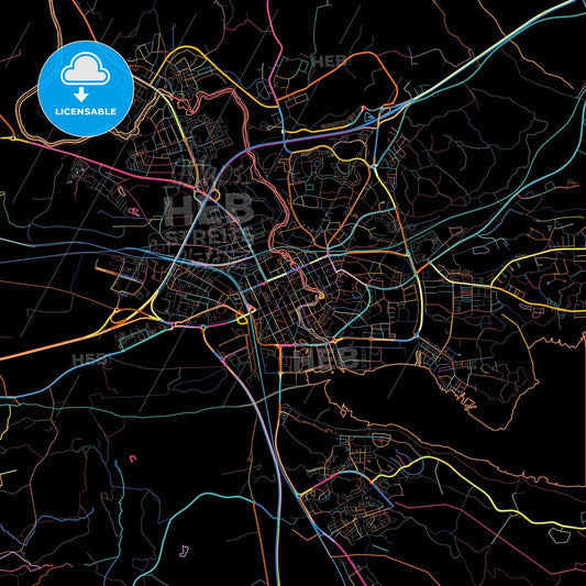 Nyköping, Sweden, colorful city map on black background