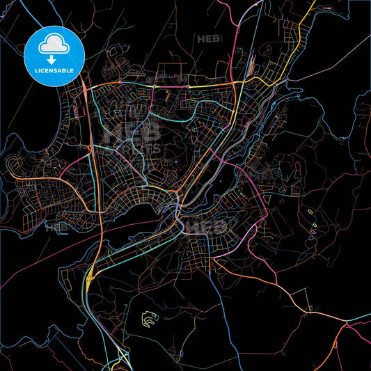 Motala, Sweden, colorful city map on black background