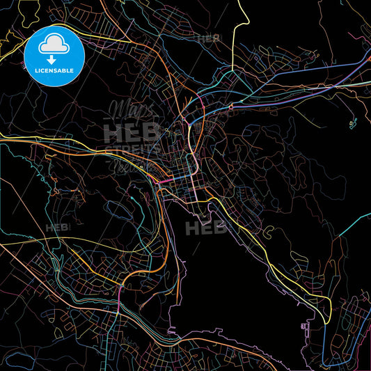 Örnsköldsvik, Sweden, colorful city map on black background