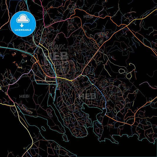 Åkersberga, Sweden, colorful city map on black background