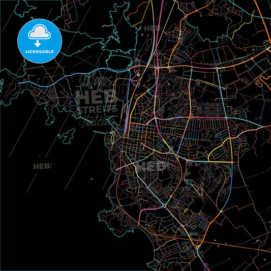 Varberg, Sweden, colorful city map on black background