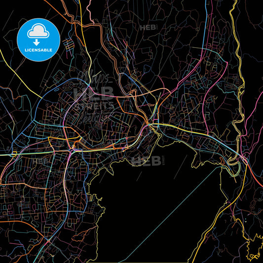 Karlskoga, Sweden, colorful city map on black background