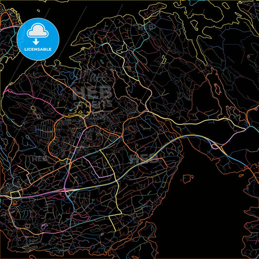 Boo, Sweden, colorful city map on black background