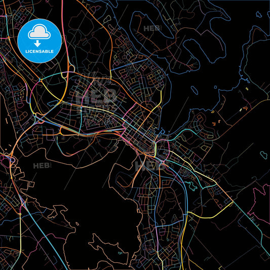 Piteå, Sweden, colorful city map on black background