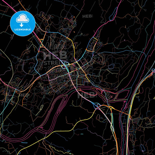 Kungälv, Sweden, colorful city map on black background
