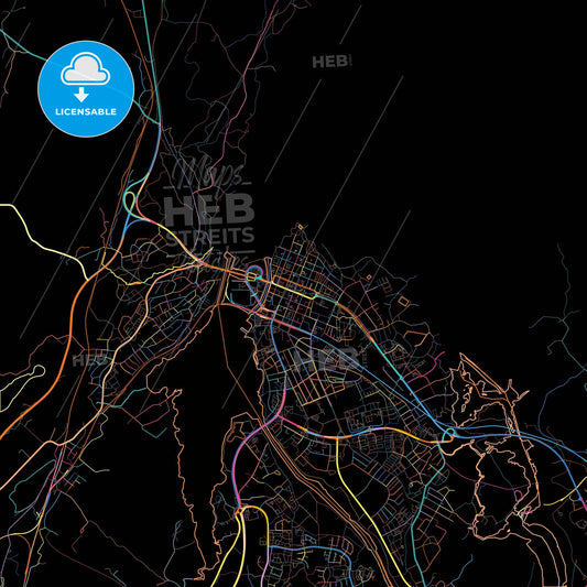 Vänersborg, Sweden, colorful city map on black background