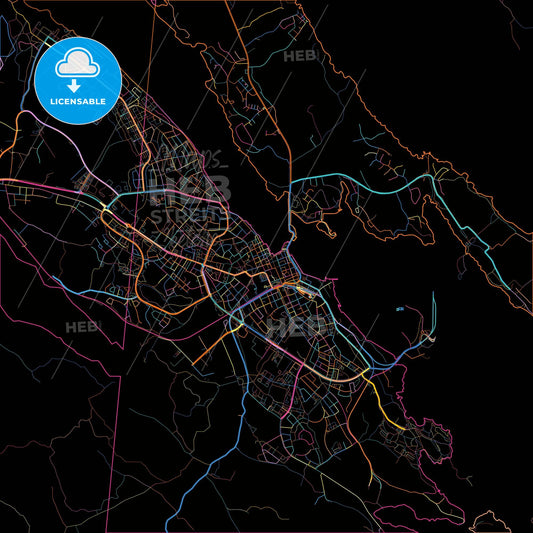Västervik, Sweden, colorful city map on black background