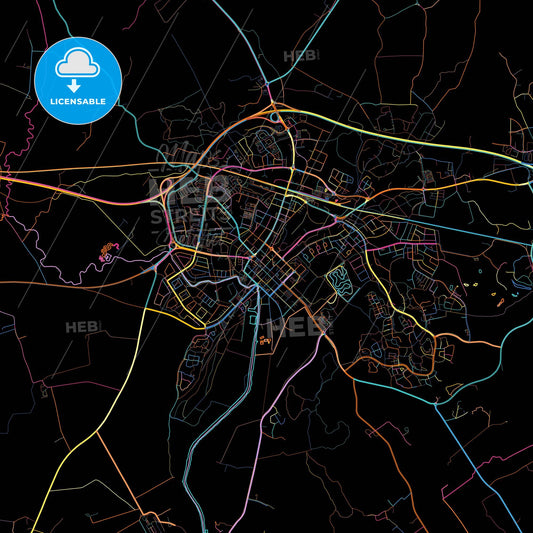 Enköping, Sweden, colorful city map on black background