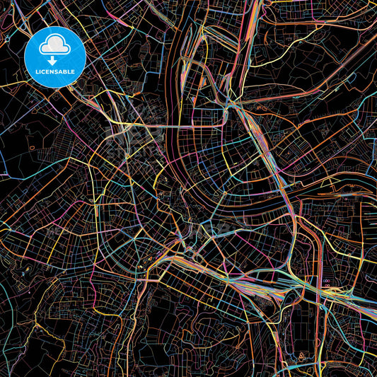 Basel, Switzerland, colorful city map on black background