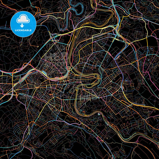 Bern, Switzerland, colorful city map on black background