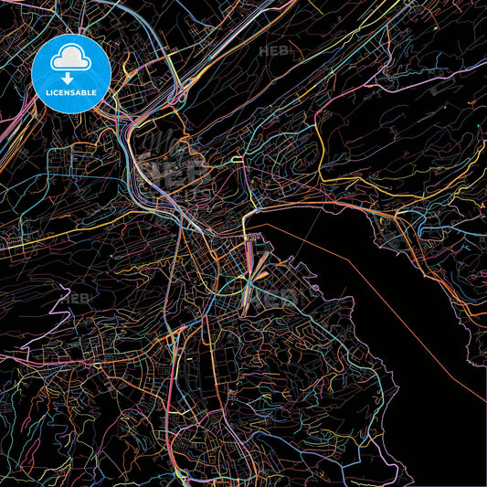 Lucerne, Switzerland, colorful city map on black background