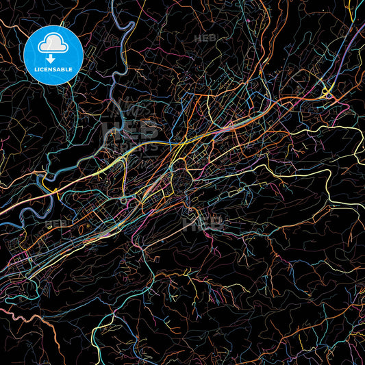 St. Gallen, Switzerland, colorful city map on black background