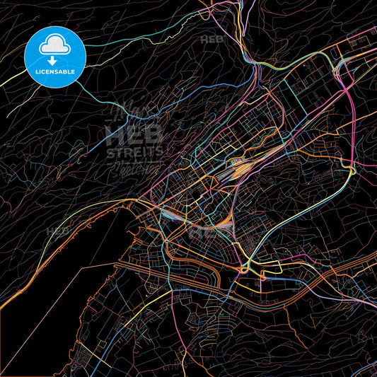 Biel/Bienne, Switzerland, colorful city map on black background