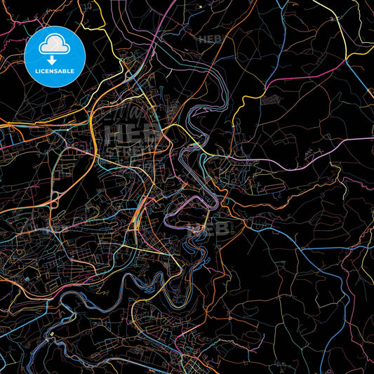 Fribourg, Switzerland, colorful city map on black background
