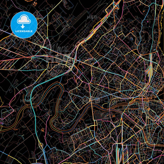 Vernier, Switzerland, colorful city map on black background