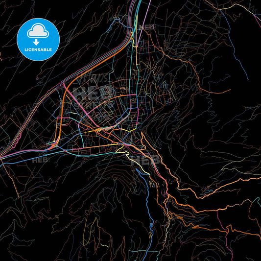 Chur, Switzerland, colorful city map on black background
