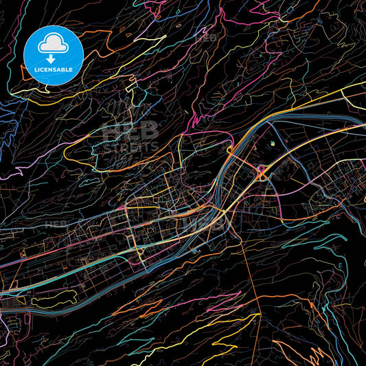 Sion, Switzerland, colorful city map on black background