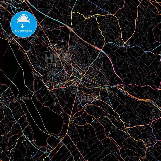 Uster, Switzerland, colorful city map on black background