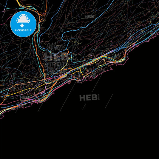 Neuchâtel, Switzerland, colorful city map on black background