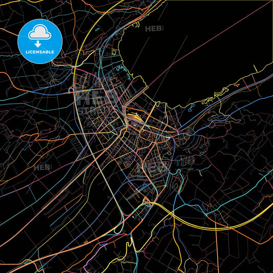 Yverdon-les-Bains, Switzerland, colorful city map on black background