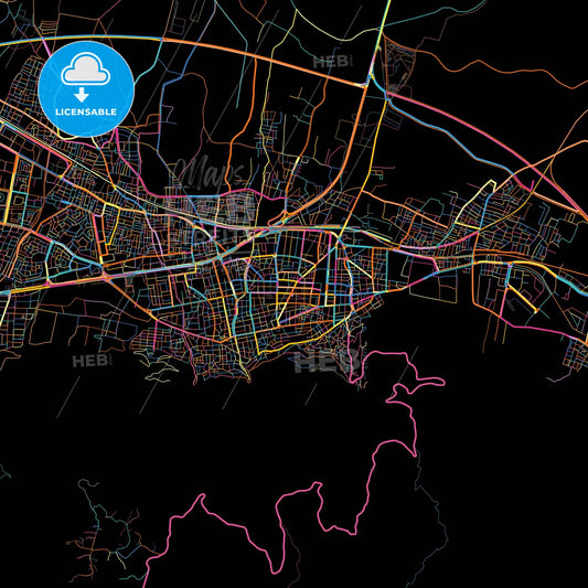 Manisa, Manisa, Turkey, colorful city map on black background