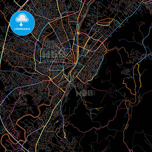 Antakya, Hatay, Turkey, colorful city map on black background