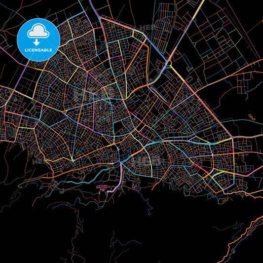 Isparta, Isparta, Turkey, colorful city map on black background