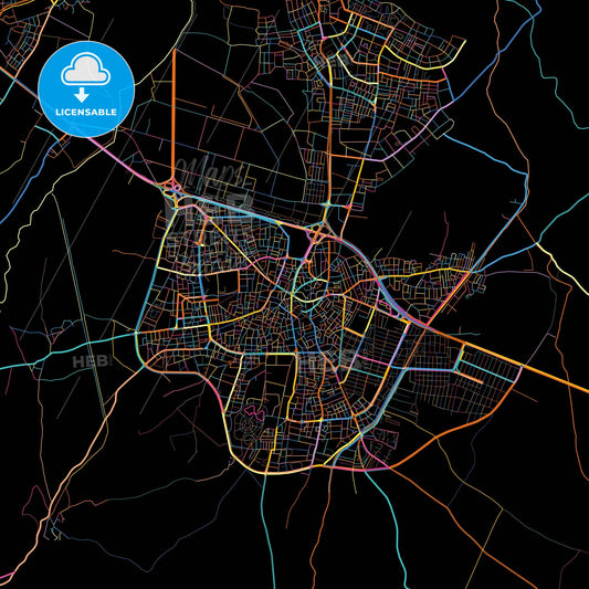 İnegöl, Bursa, Turkey, colorful city map on black background