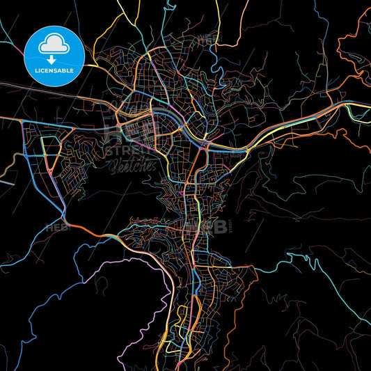 Tokat, Tokat, Turkey, colorful city map on black background