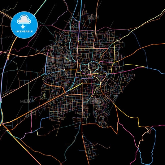 Akhisar, Manisa, Turkey, colorful city map on black background