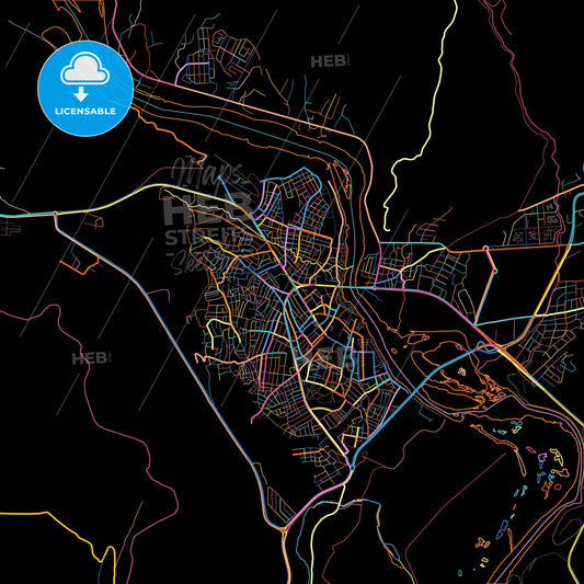 Cizre, Şırnak, Turkey, colorful city map on black background