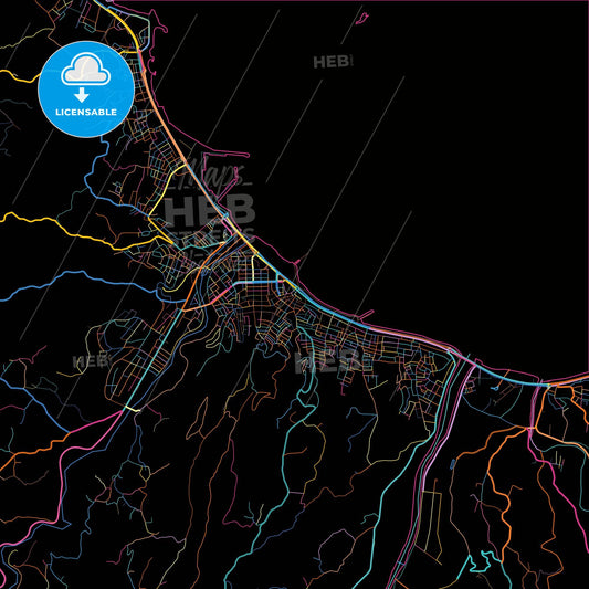 Fatsa, Ordu, Turkey, colorful city map on black background