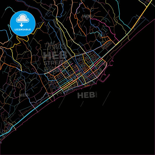 Erdemli, Mersin, Turkey, colorful city map on black background