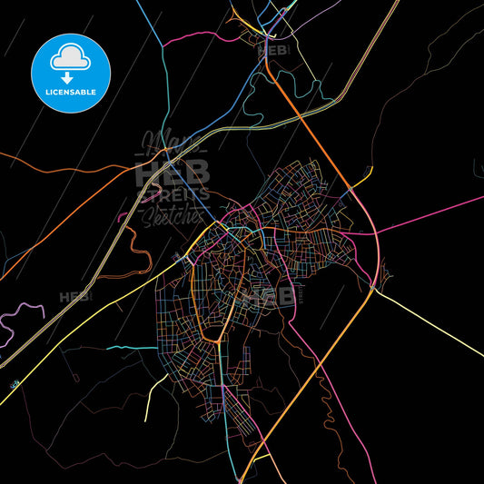Uzunköprü, Edirne, Turkey, colorful city map on black background