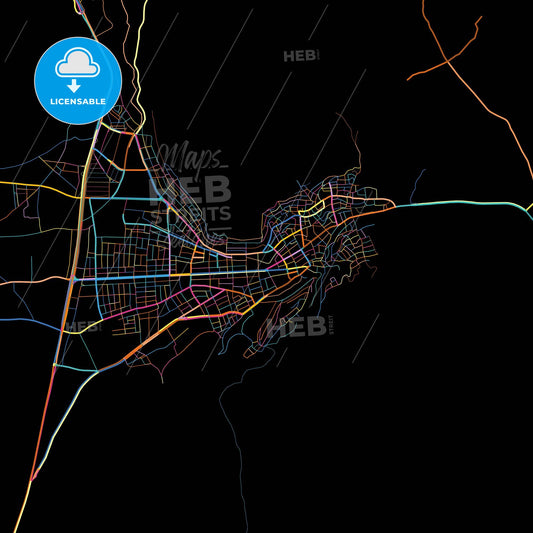 Bucak, Burdur, Turkey, colorful city map on black background