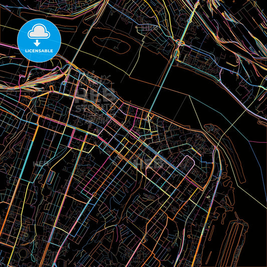 Dnipro, Dnipropetrovsk Oblast, Ukraine, colorful city map on black background