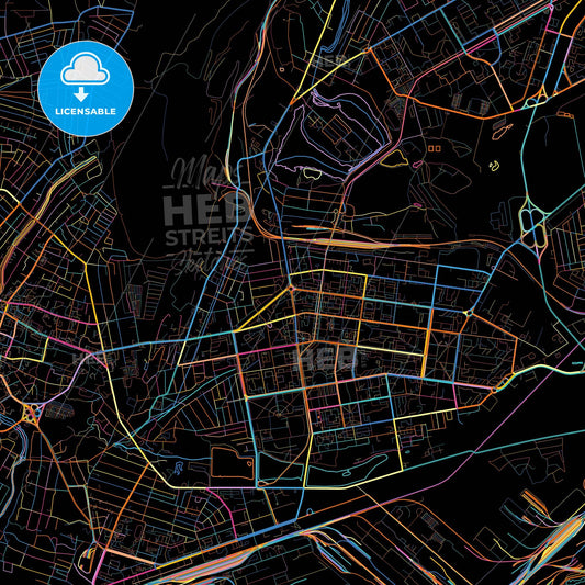 Kryvyi Rih, Dnipropetrovsk Oblast, Ukraine, colorful city map on black background