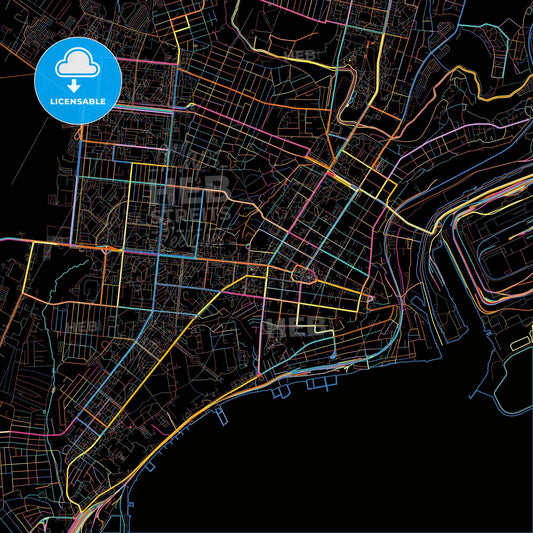 Mariupol, Donetsk Oblast, Ukraine, colorful city map on black background
