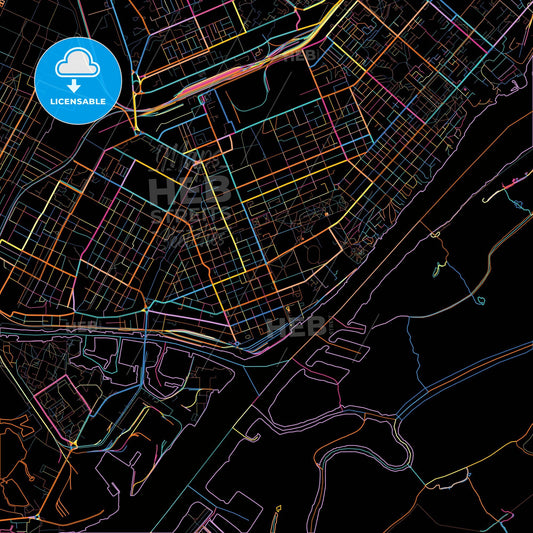 Kherson, Kherson Oblast, Ukraine, colorful city map on black background