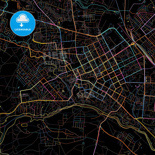 Zhytomyr, Zhytomyr Oblast, Ukraine, colorful city map on black background