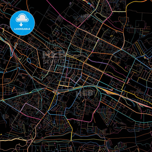 Khmelnytskyi, Khmelnytskyi Oblast, Ukraine, colorful city map on black background