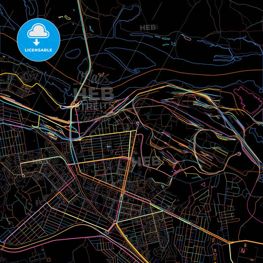 Kamianske, Dnipropetrovsk Oblast, Ukraine, colorful city map on black background