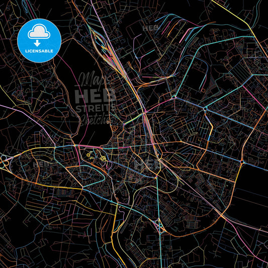 Ternopil, Ternopil Oblast, Ukraine, colorful city map on black background