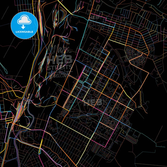 Kramatorsk, Donetsk Oblast, Ukraine, colorful city map on black background