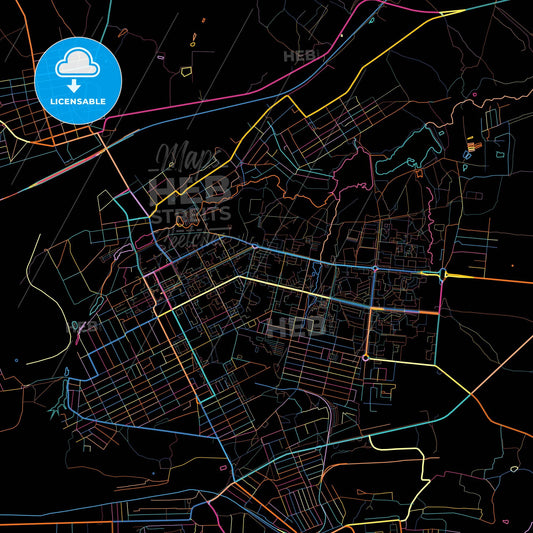 Alchevsk, Luhansk Oblast, Ukraine, colorful city map on black background