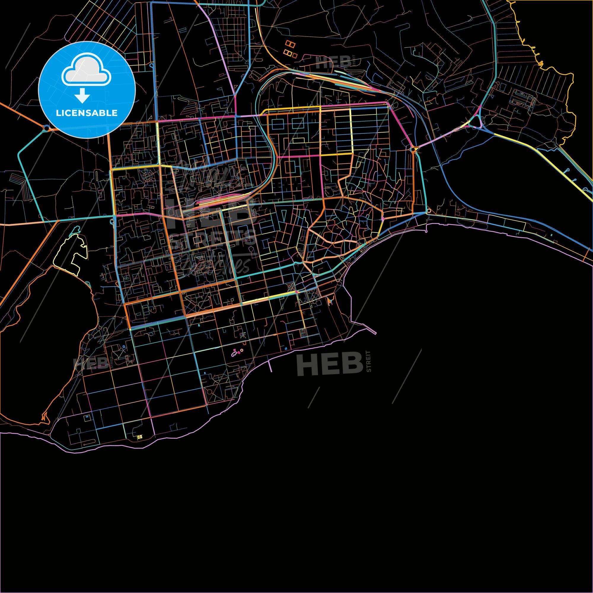 Yevpatoria, Crimea, Ukraine, colorful city map on black background ...