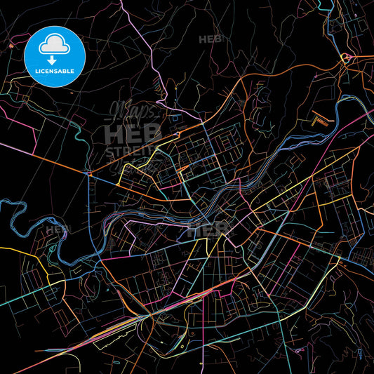 Mukachevo, Zakarpattia Oblast, Ukraine, colorful city map on black background