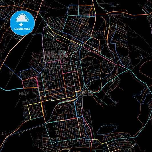Yenakiieve, Donetsk Oblast, Ukraine, colorful city map on black background